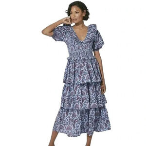 Cleobella Lainey Midi Dress Delhi Block Tiered Ruffle Dress Size XS NWT